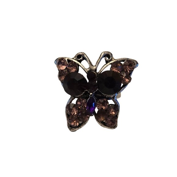 Vintage Butterfly Ring With Pink & Purple Rhinestones On Silver-Tone Band - Picture 4 of 10